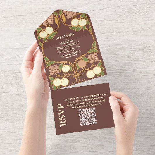 QR Code  Art Nouveau bruiloft All In One Uitnodiging (Afscheurbaar)