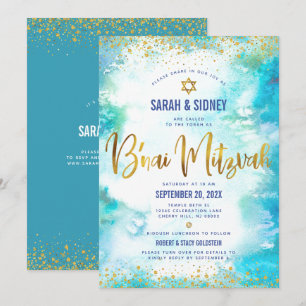 QR Code B’nai Mitzvah Goud Turquoise Waterverf Kaart