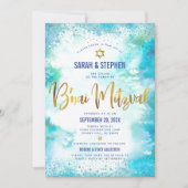 QR-code B’nai Mitzvah Turquoise Waterverf Gold Kaart (Voorkant)