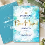 QR-code B’nai Mitzvah Turquoise Waterverf Gold Kaart<br><div class="desc">Wees trots, verheug je en laat deze mijlpaal van je favoriete B'nai Mitzvahs zien! Stuur deze verbluffende, moderne, gepersonaliseerde QR-code-uitnodiging voor een evenement om te onthouden. Sprankelend gouden faux folie kalligrafie script en Star of David, samen met blauw confetti stippen, bedekken een turquoise waterverf achtergrond. Op de achterkant, extra blauw...</div>