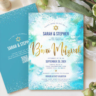 QR Code B’nai Mitzvah Turquoise Waterverf Goud Kaart