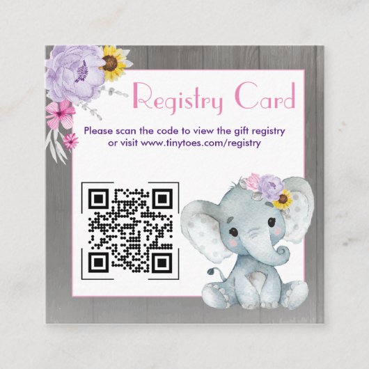QR Code Baby Elephant Registry Paars Roze Geel Informatiekaartje (Voorkant)