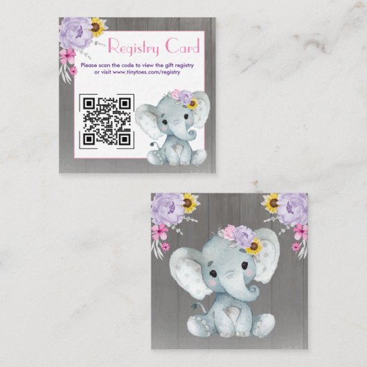 QR Code Baby Elephant Registry Paars Roze Geel Informatiekaartje (Voorkant / Achterkant)
