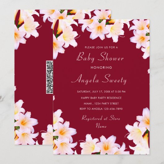 QR Code Baby shower Uitnodiging met Lilly Flowers (Voorkant / Achterkant)