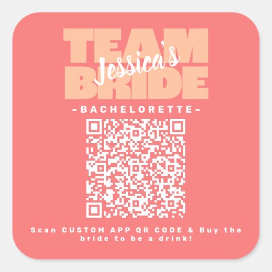QR Code Bachelorette Kopen Drink Team Bruid Peach Vierkante Sticker (Voorkant)