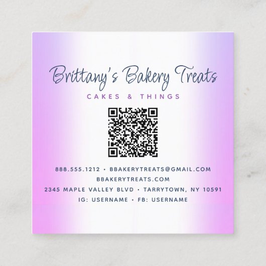 QR-code Bakery Paars Cake Glitter Drift Dessert Vierkante Visitekaartje (Achterkant)