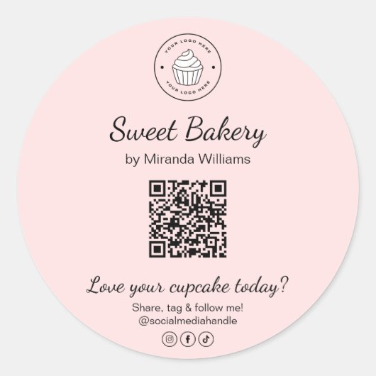 QR-code Bakkerij Logo Roze Bedrijfssticker Ronde Sticker (Voorkant)