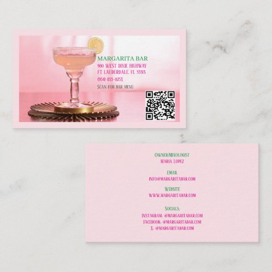 QR Code Bar & Lounge Roze Margarita Visitekaartje (Voorkant / Achterkant)