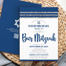 QR Code Bar Mitswa Navyblauw Zilver Tallit Schrift Kaart