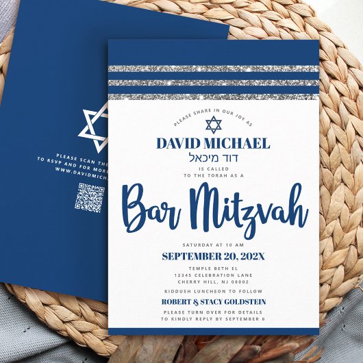 QR Code Bar Mitswa Navyblauw Zilver Tallit Schrift Kaart
