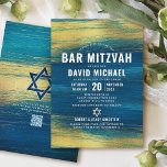 QR Code Bar Mitswa Turquoise Gouden Folie Modern Kaart<br><div class="desc">Wees trots, verheug je en laat deze mijlpaal van je favoriete Bar Mitswa zien! Stuur deze coole, unieke, moderne, gepersonaliseerde QR-code-uitnodiging voor een evenement om te onthouden. Faux metallic gouden folie penseelstreken en Star of David, samen met gedurfde, witte typografie, bedekken een rijke, turquoise blauw ombre verfachtergrond. Op de achterkant,...</div>