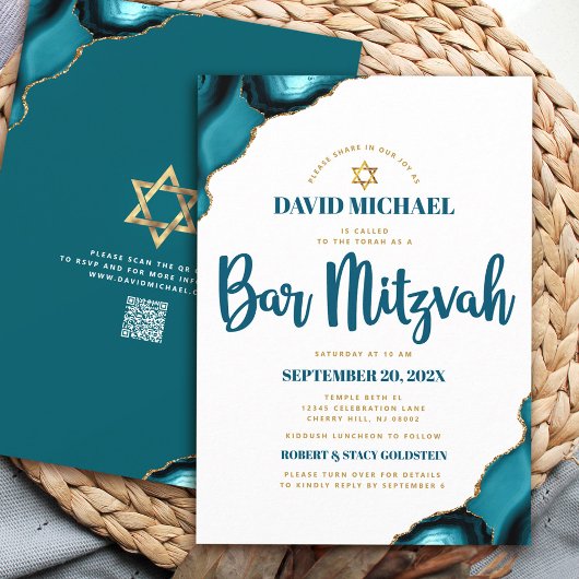 QR Code Bar Mitzvah Turquoise Agate Schrift Wit Kaart