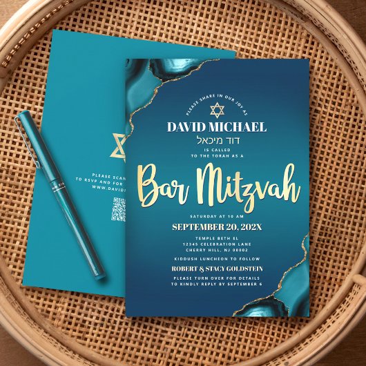 QR Code Bar Mitzvah Turquoise Ombre Agaat Script Kaart
