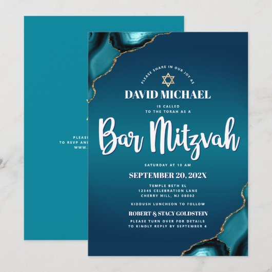 QR Code Bar Mitzvah Turquoise Ombre Agate Modern Kaart (Voorkant / Achterkant)