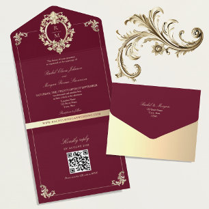 QR Code Barok Bourgondië Goud Bruiloft All In One Uitnodiging
