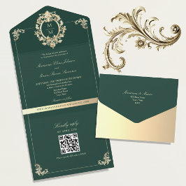 QR Code Barok Goud Smaragdgroene Trouw All In One Uitnodiging