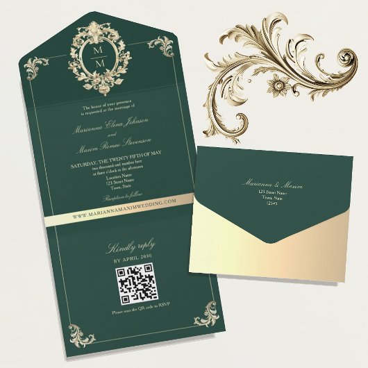 QR Code Barok Goud Smaragdgroene Trouw All In One Uitnodiging