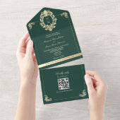 QR Code Barok Goud Smaragdgroene Trouw All In One Uitnodiging (Afscheurbaar)