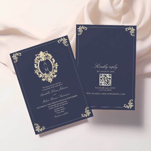 QR Code Barok Navy Blauwe Trouwdag Kaart