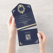 QR Code Barok Navyblauw Goud Bruiloft All In One Uitnodiging (Afscheurbaar)