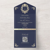 QR Code Barok Navyblauw Goud Bruiloft All In One Uitnodiging (Binnen)