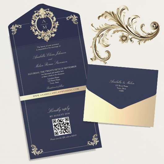 QR Code Barok Navyblauw Goud Bruiloft All In One Uitnodiging