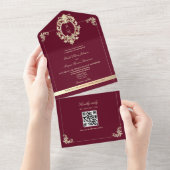 QR Code Baroque Burgundy Gold Wedding All In One Uitnodiging (Afscheurbaar)