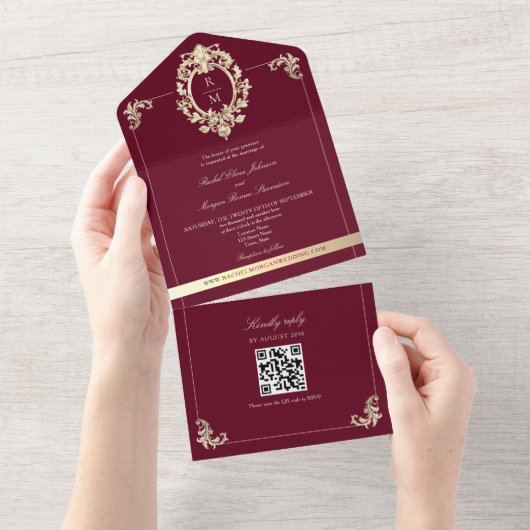 QR Code Baroque Burgundy Gold Wedding All In One Uitnodiging (Afscheurbaar)