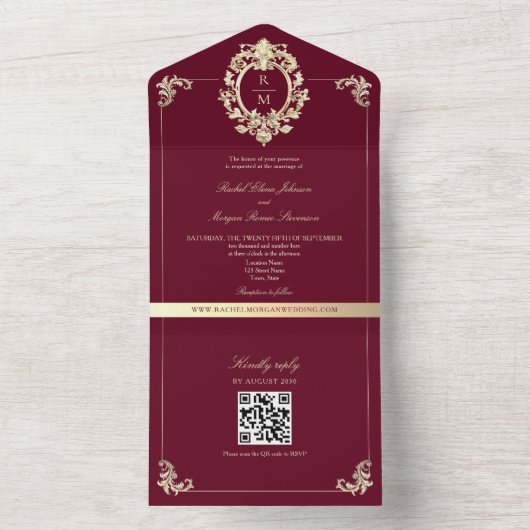 QR Code Baroque Burgundy Gold Wedding All In One Uitnodiging (Binnen)