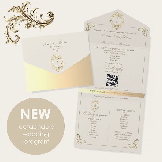 QR Code Baroque Monogram Wedding All In One Uitnodiging
