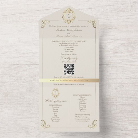 QR Code Baroque Monogram Wedding All In One Uitnodiging (Binnen)
