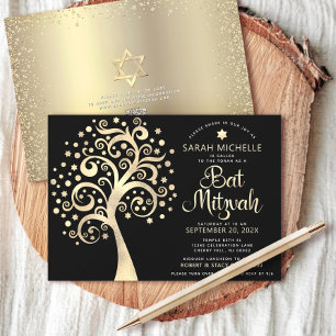 QR Code Bat Mitswa Black Gold Tree of Life Script Kaart
