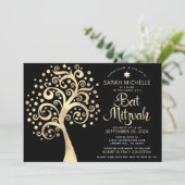 QR Code Bat Mitswa Black Gold Tree of Life Script Kaart (Staand voorkant)