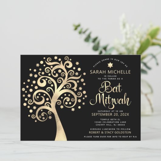 QR Code Bat Mitswa Black Gold Tree of Life Script Kaart (Staand voorkant)