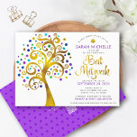 QR Code Bat Mitswa Paarse Gouden Boom des Levens B Kaart<br><div class="desc">Wees trots, verheug je en laat deze mijlpaal van je favoriete Bat Mitswa zien! Stuur deze gedurfde, moderne, gepersonaliseerde QR-codeuitnodiging uit voor een evenement om te onthouden. Een leuke, grafisch faux gouden folie met sprankelende turquoise, blauwgroen, paarse en blauwe Star of David en dot "bladeren", faux gold folie kalligrafie script...</div>