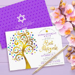 QR Code Bat Mitswa Paarse Gouden Boom des Levens Kaart<br><div class="desc">Wees trots, verheug je en laat deze mijlpaal van je favoriete Bat Mitswa zien! Stuur deze gedurfde, moderne, gepersonaliseerde QR-codeuitnodiging uit voor een evenement om te onthouden. Een leuke, grafisch faux gouden folie met sprankelende turquoise, blauwgroen, paarse en blauwe Star of David en dot "bladeren", faux gold folie kalligrafie script...</div>