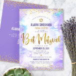QR Code Bat Mitswa Paarse Gouden Glitter Waterverf Kaart<br><div class="desc">Wees trots, verheug je en laat deze mijlpaal van je favoriete Bat Mitswa zien! Stuur deze verbluffende, moderne, gepersonaliseerde QR-code-uitnodiging voor een evenement om te onthouden. Sparkly faux gouden folie script, glitter stippen, Star of David en handgeschreven script typografie overlay een lichte paarse waterverf achtergrond. Op de achterkant, extra gouden...</div>