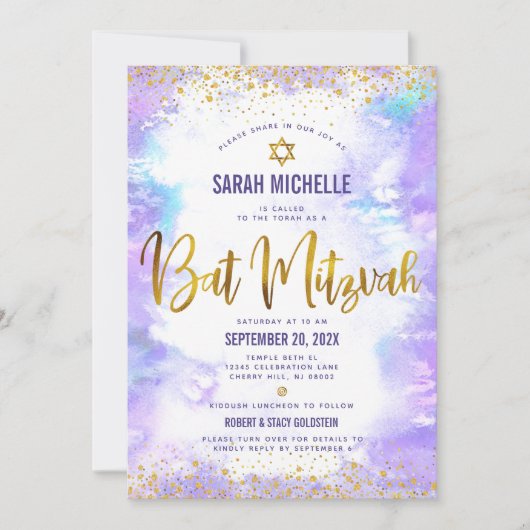 QR Code Bat Mitswa Paarse Waterverf Gouden Glitter Kaart (Voorkant)