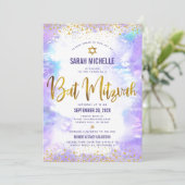 QR Code Bat Mitswa Paarse Waterverf Gouden Glitter Kaart (Staand voorkant)