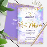 QR Code Bat Mitswa Paarse Waterverf Gouden Glitter Kaart<br><div class="desc">Wees trots, verheug je en laat deze mijlpaal van je favoriete Bat Mitswa zien! Stuur deze verbluffende, moderne, gepersonaliseerde QR-code-uitnodiging voor een evenement om te onthouden. Sparkly faux gouden folie script, glitter stippen, Star of David en handgeschreven script typografie overlay een lichte paarse waterverf achtergrond. Op de achterkant, extra gouden...</div>