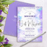 QR Code Bat Mitswa Paarse Waterverf Zilverfolie Kaart<br><div class="desc">Wees trots, verheug je en laat deze mijlpaal van je favoriete Bat Mitswa zien! Stuur deze verbluffende, moderne, gepersonaliseerde QR-code-uitnodiging voor een evenement om te onthouden. Sparkly faux zilveren folie script, glitter stippen, Star of David en handgeschreven script typografie overlay een lichte paarse waterverf achtergrond. Op de achterkant, extra zilveren...</div>