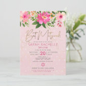 QR Code Bat Mitswa Roze Bloemen Goud Hebreeuwse na Kaart (Staand voorkant)