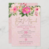 QR Code Bat Mitswa Roze Bloemen Goud Hebreeuwse na Kaart (Voorkant / Achterkant)