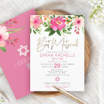 QR Code Bat Mitswa Roze Bloemen Goud Script Modern Kaart<br><div class="desc">Wees trots, verheug je en laat deze mijlpaal van je favoriete Bat Mitswa zien! Stuur deze verbluffende, moderne, gepersonaliseerde QR-code-uitnodiging voor een evenement om te onthouden. Een chique, prachtige, roze en perzik bloemige waterverf met faux gouden folie script typografie en modern stoffig roos en grijs sans serif type overlay een...</div>