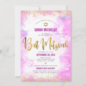 QR Code Bat Mitswa Roze Waterverf Gouden Glitter Kaart (Voorkant)