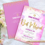 QR Code Bat Mitswa Roze Waterverf Gouden Glitter Kaart<br><div class="desc">Wees trots, verheug je en laat deze mijlpaal van je favoriete Bat Mitswa zien! Stuur deze verbluffende, moderne, gepersonaliseerde QR-code-uitnodiging voor een evenement om te onthouden. Sparkly faux gouden folie script, glitter stippen, Star of David en handgeschreven script typografie overlay een zacht roze waterverf achtergrond. Op de achterkant, extra gouden...</div>