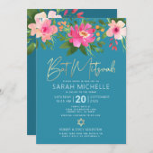 QR Code Bat Mitswa Turquoise Bloemen Goud Script Kaart (Voorkant / Achterkant)