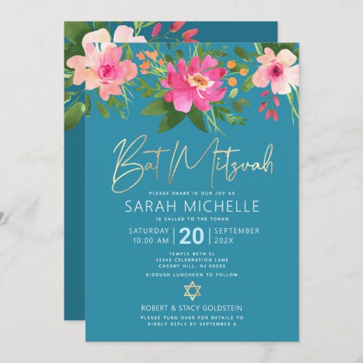 QR Code Bat Mitswa Turquoise Bloemen Goud Script Kaart (Voorkant / Achterkant)