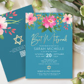 QR Code Bat Mitswa Turquoise Bloemen Goud Script Kaart