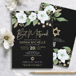 QR Code Bat Mitswa Zwart Goud Bloemgeschrift Girly Kaart<br><div class="desc">Wees trots, verheug je en laat deze mijlpaal van je favoriete Bat Mitswa zien! Stuur deze geavanceerde, moderne, gepersonaliseerde QR-code-uitnodiging voor een evenement om te onthouden. Een chique, prachtige, witte en faux gouden glitter florale waterverf met faux gouden folie script typografie en wit sans serif type overlay een dramatische zwarte...</div>
